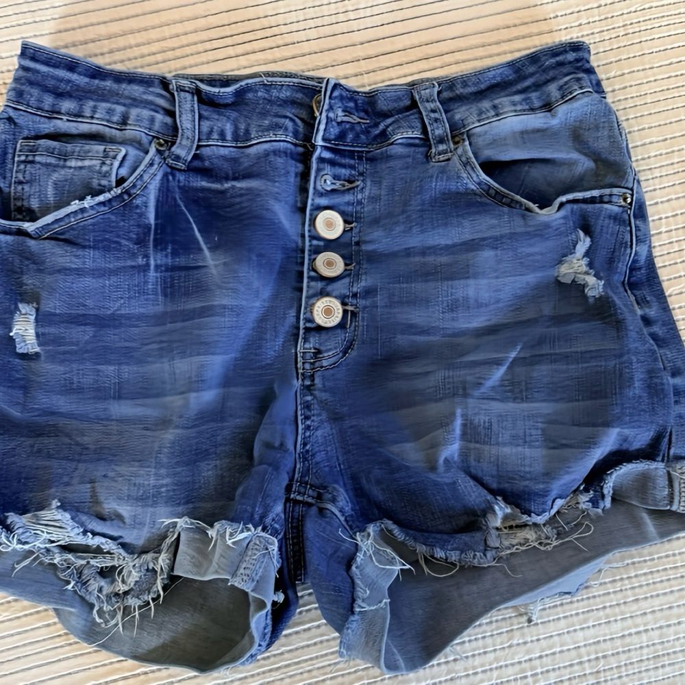 Distressed High-Waist Dark Blue Denim Shorts